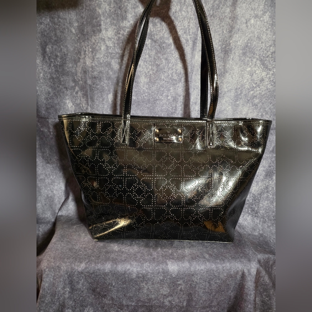 KATE SPADE Black Heart Perforated Patent Leather Like Tote Shoulder Bag